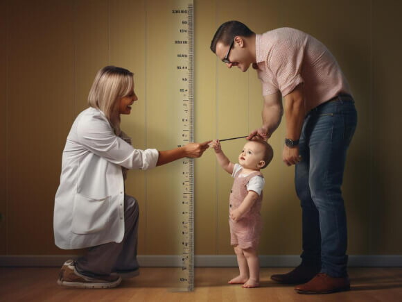 mulher vestindo um jaleco branco avalia o crescimento de bebê na régua de crescimento